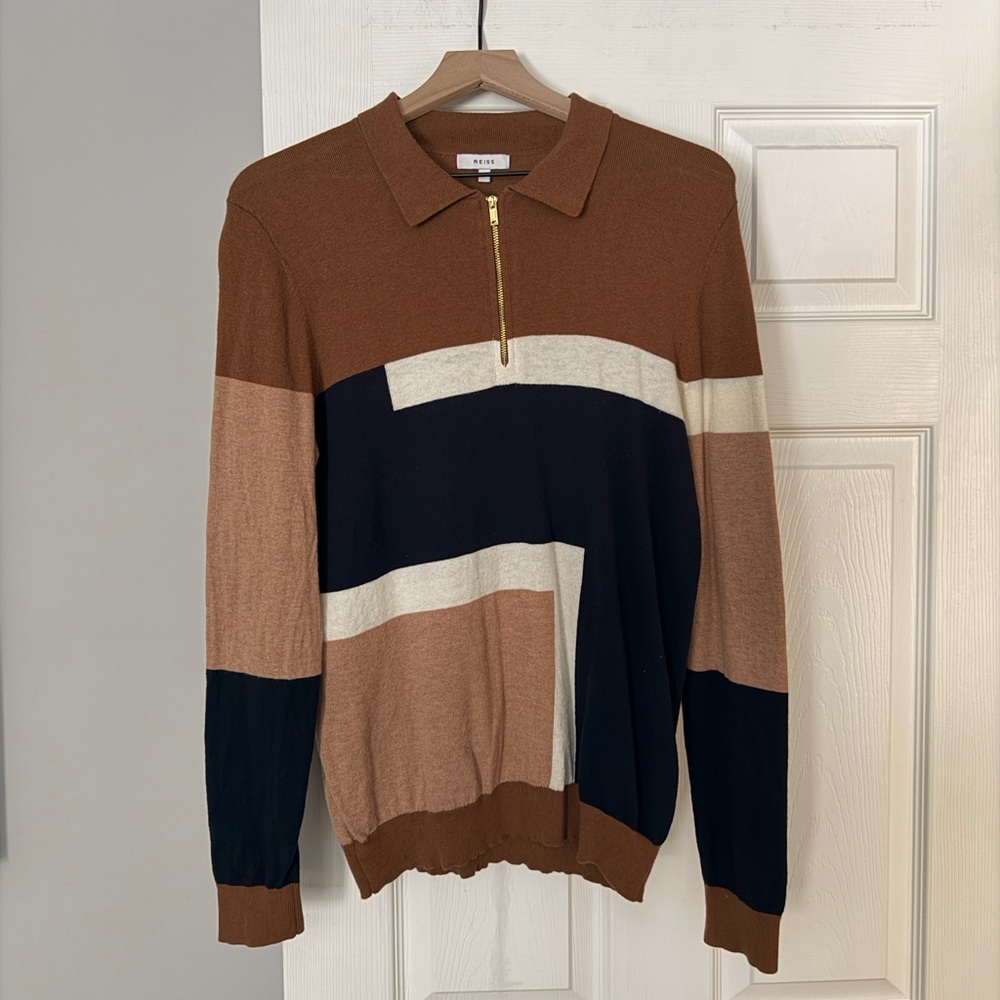 Reiss Men's Brown and Black Zip-Up Sweater